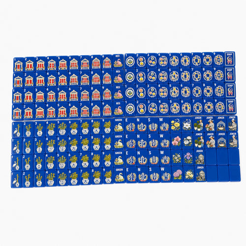 Cobalt Garden Mahjong Set, all 160 tiles laid out