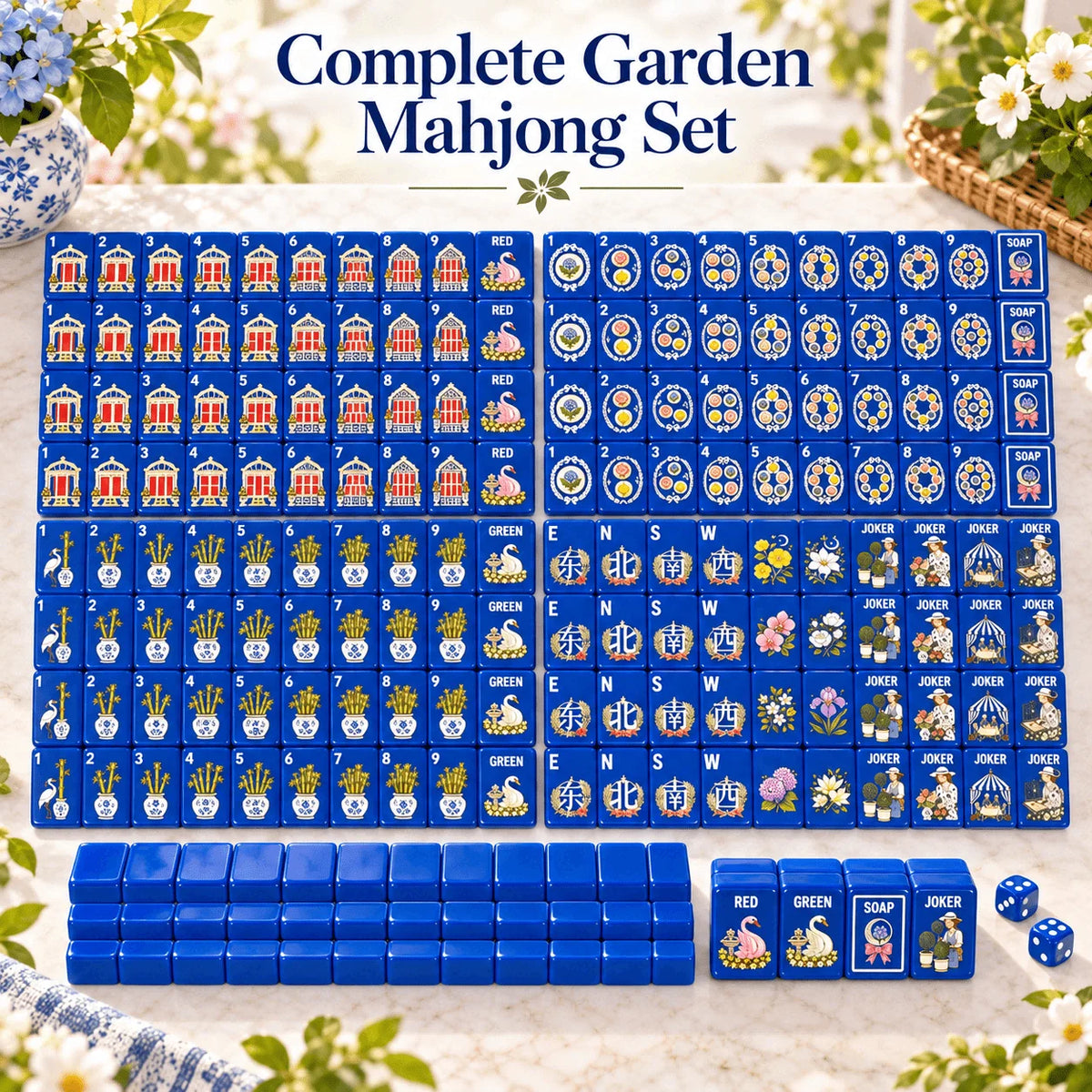 Cobalt Garden Mahjong Set, all 160 tiles laid out