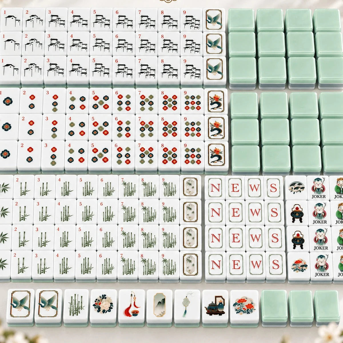 Elegant Crane Mahjong Set, all 160 tiles laid out