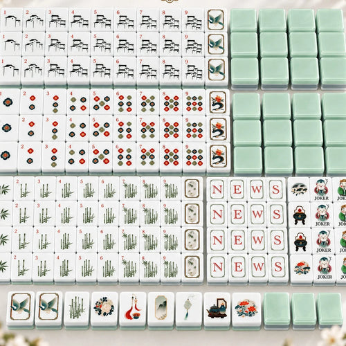 Elegant Crane Mahjong Set, all 160 tiles laid out