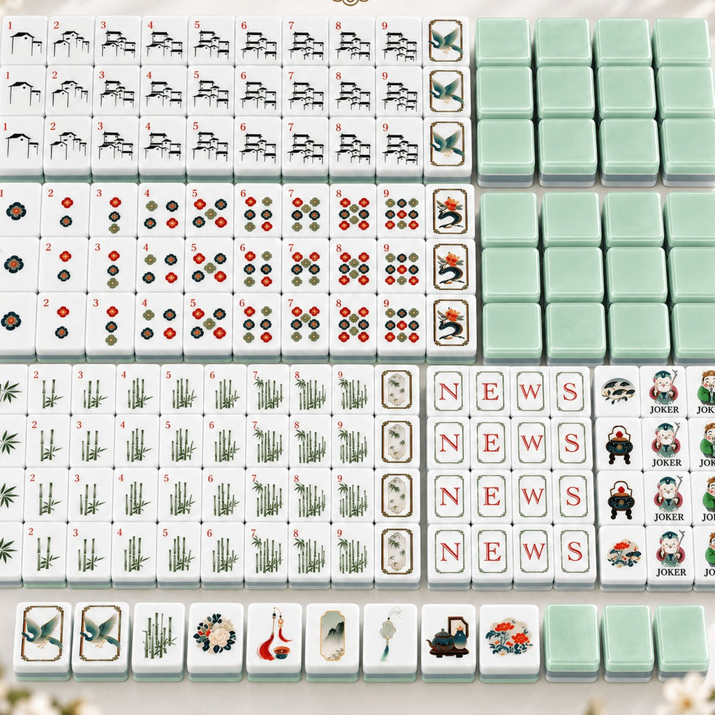 Elegant Crane Mahjong Set, all 160 tiles laid out