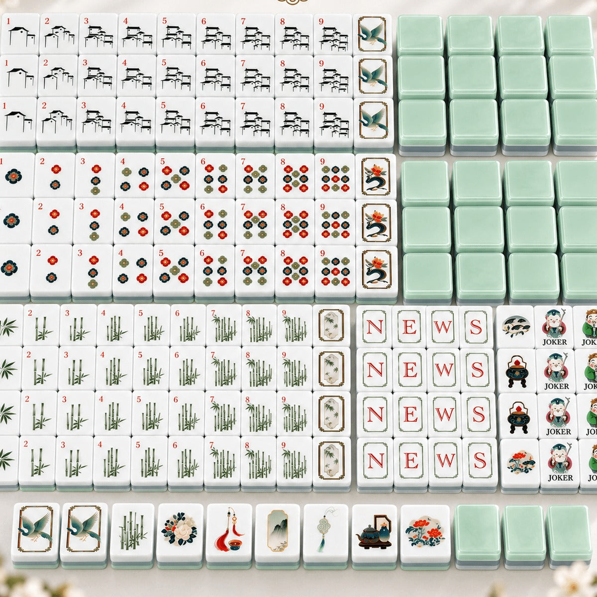 Elegant Crane Mahjong Set, all 160 tiles laid out